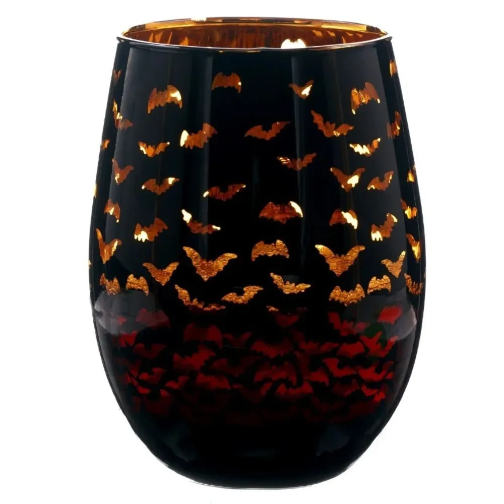 Wine Glass Halloween Two Tone Stemless Wine Glass Bat Orange Black Decor FC5